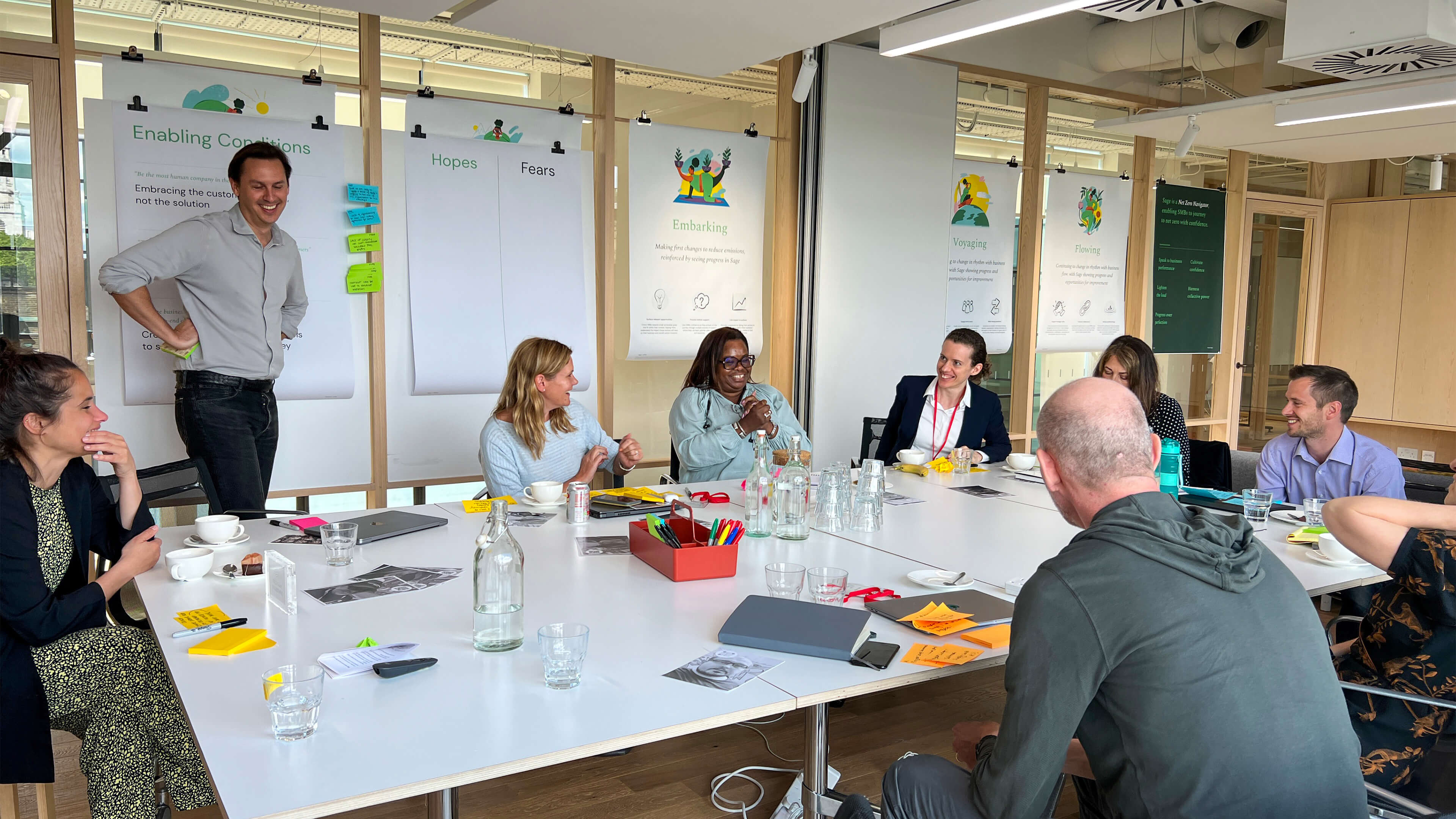 A group of diverse people at a table, workshopping with post-it notes
