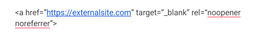 example of how noopener and noreferrer tags look inside href html code