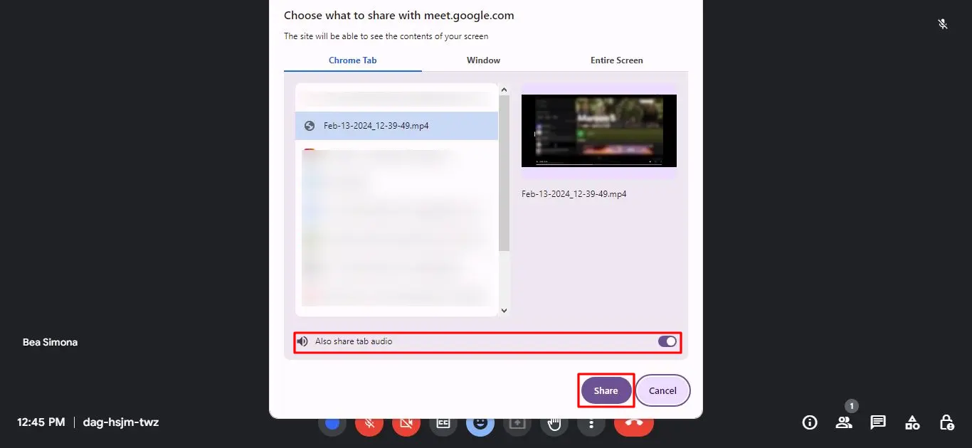 To share videos with audio during a Google Meet session