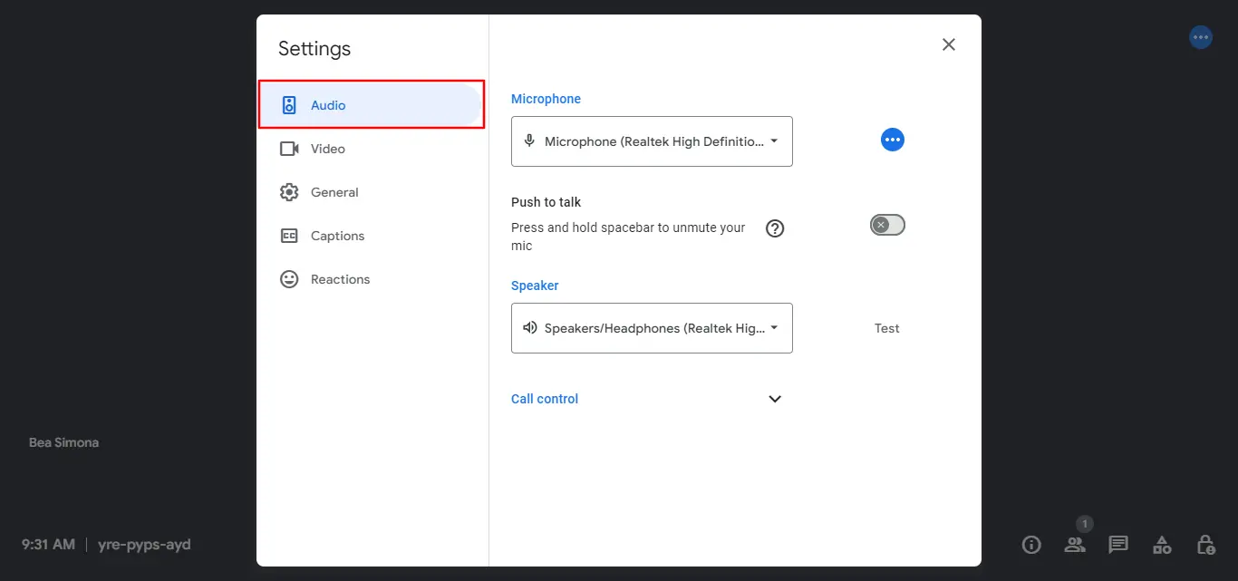 Push To Talk settings On Google Meet