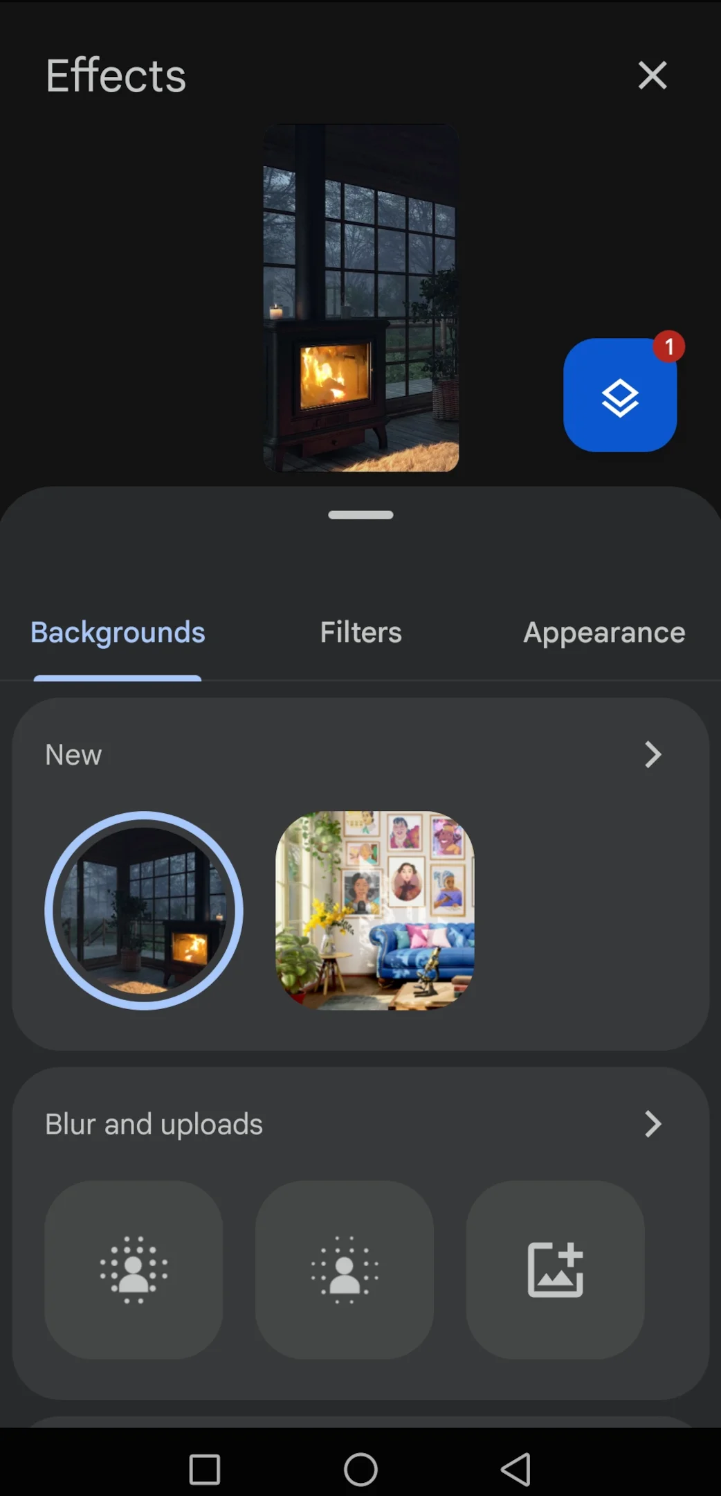 Google Meet visual effects settings on a mobile device