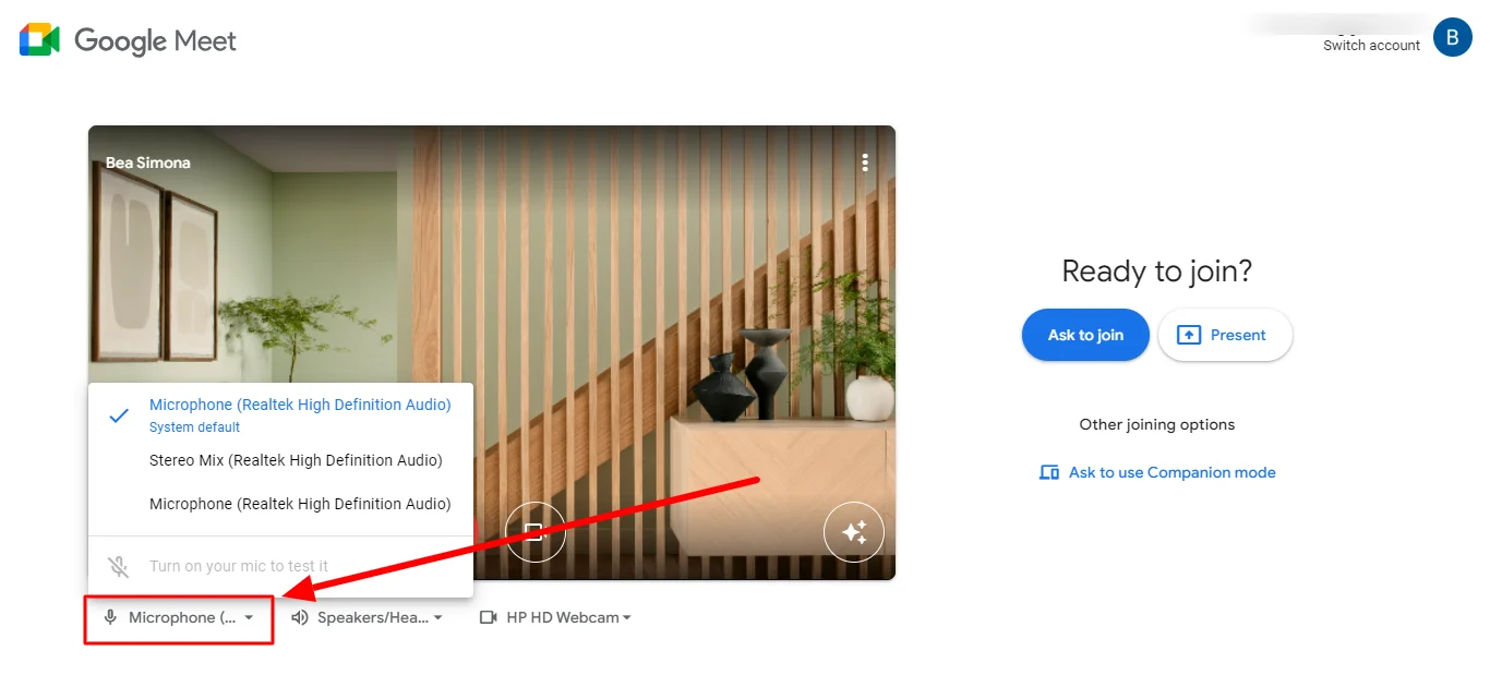 Microphone setting in Google Meet before a meeting