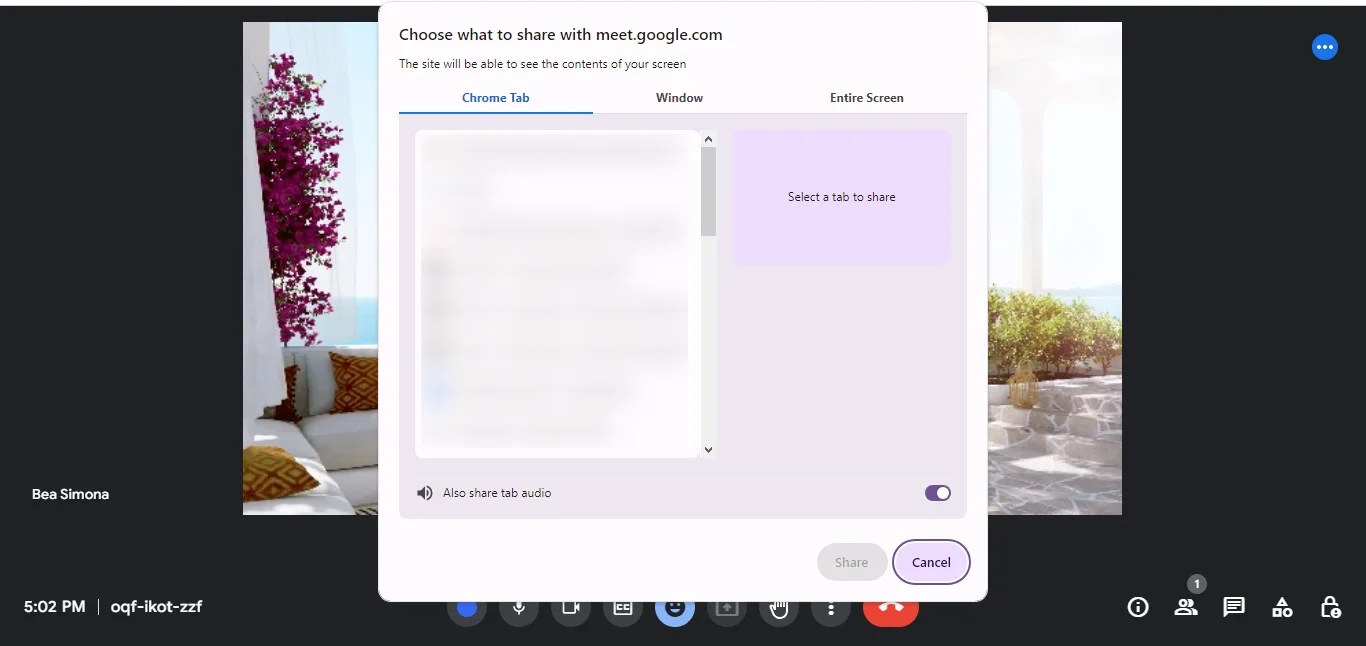 How to share a Chrome tab during a meeting on a computer