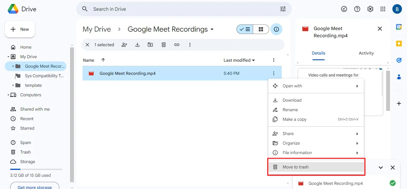 How to delete Google Meet recordings