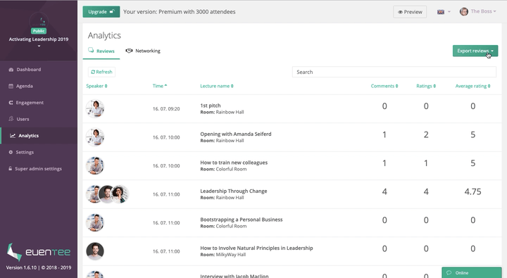 Eventee administration panel displays the 'Export Reviews' feature, where organizers can download attendee feedback and reviews in a structured format for analysis.