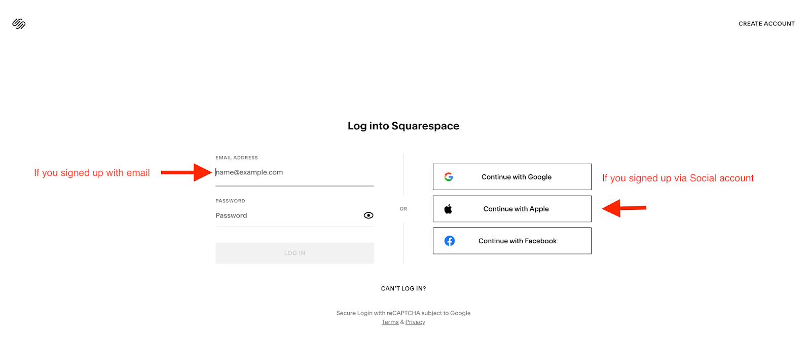 Squarespace Log in - main screen