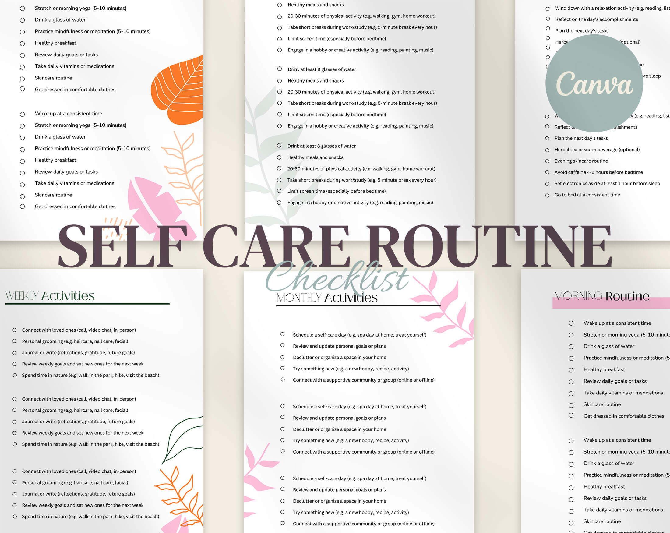 Self Care Routine Checklist Printable Canva Template | Digital Products ...