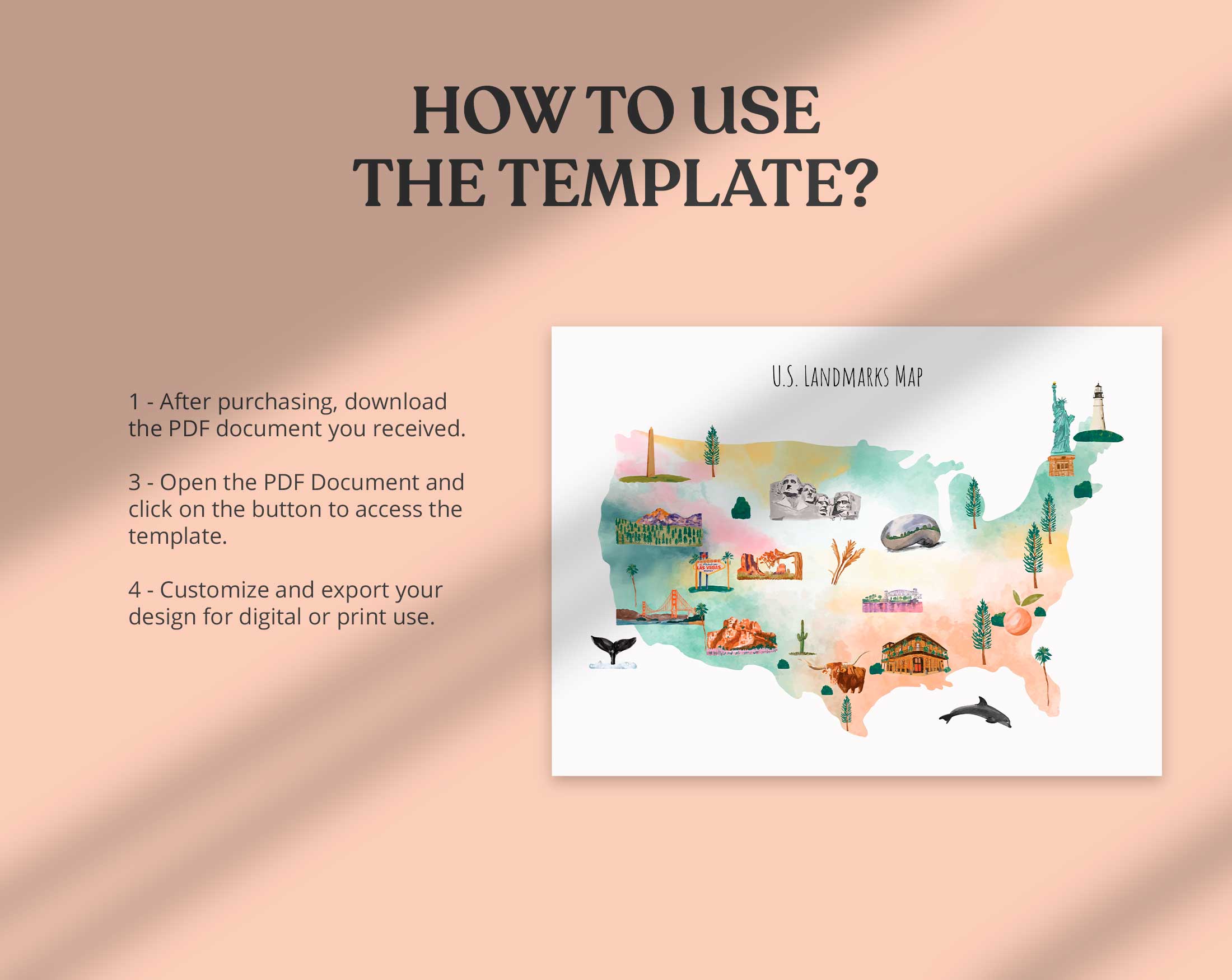 United States Landmarks Illustrated Map | Digital Products with ...
