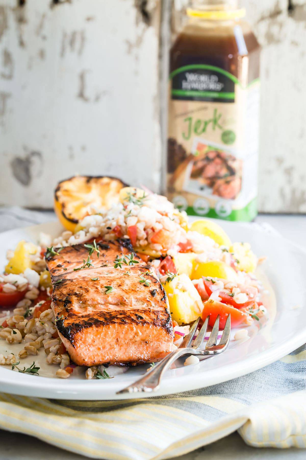 Jamaican Jerk Marinated Salmon with Farro Salad Foodness Gracious