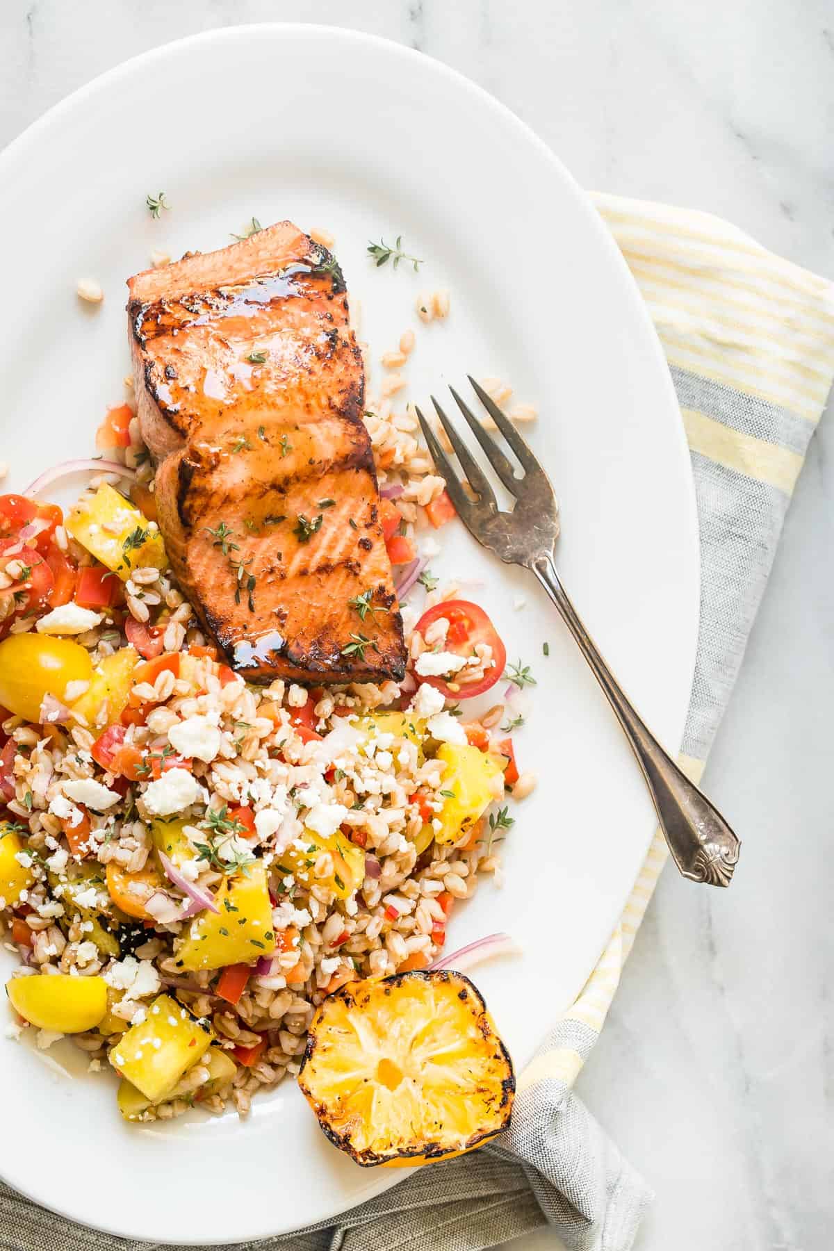 Jamaican Jerk Marinated Salmon with Farro Salad Foodness Gracious