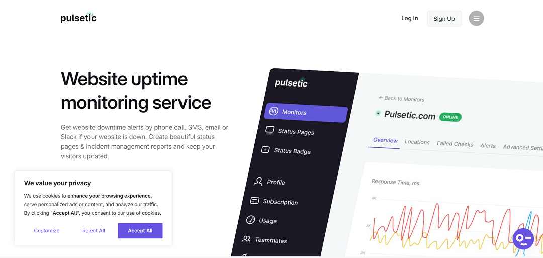 Pulsetic is a service dedicated to monitoring website uptime, delivering immediate alerts via phone calls, SMS, email, and Slack notifications in the event of a website outage.