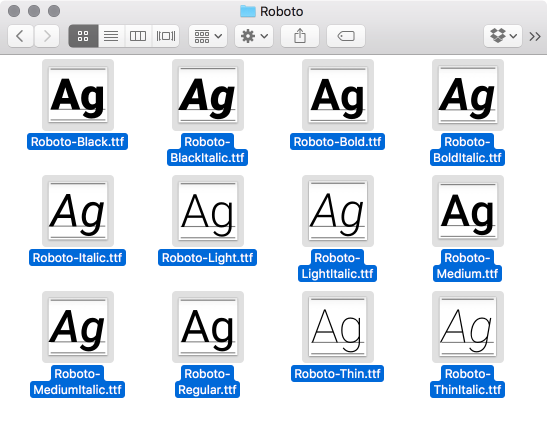 Roboto fonts in finder screenshot