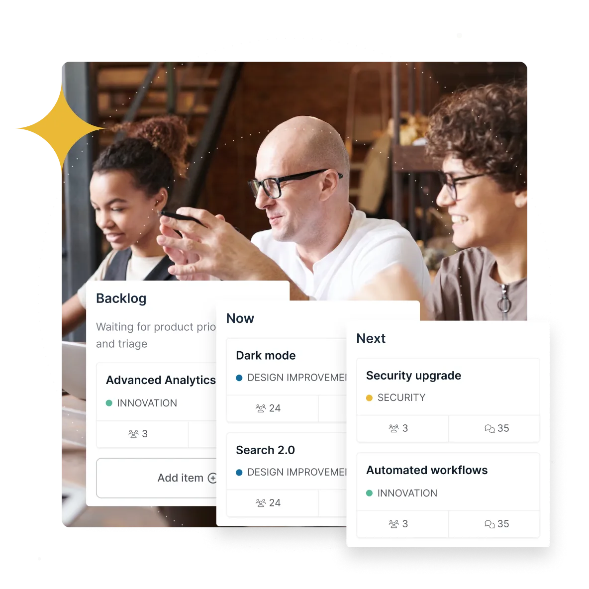 Diverse group of folks discussing an issue with abstracted UI elements overlaying the image