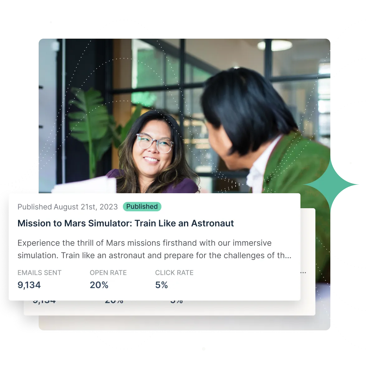 A smiling woman conversing with another person with abstracted UI overlaying the image