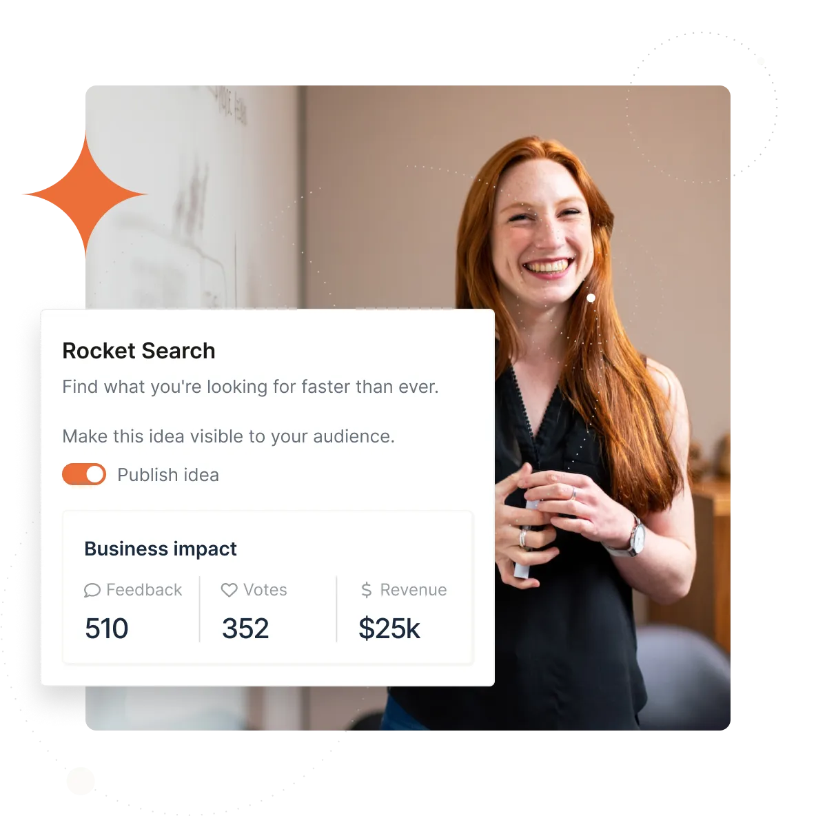 A red haired woman smiling at the camera with abstracted UI overlaying the image