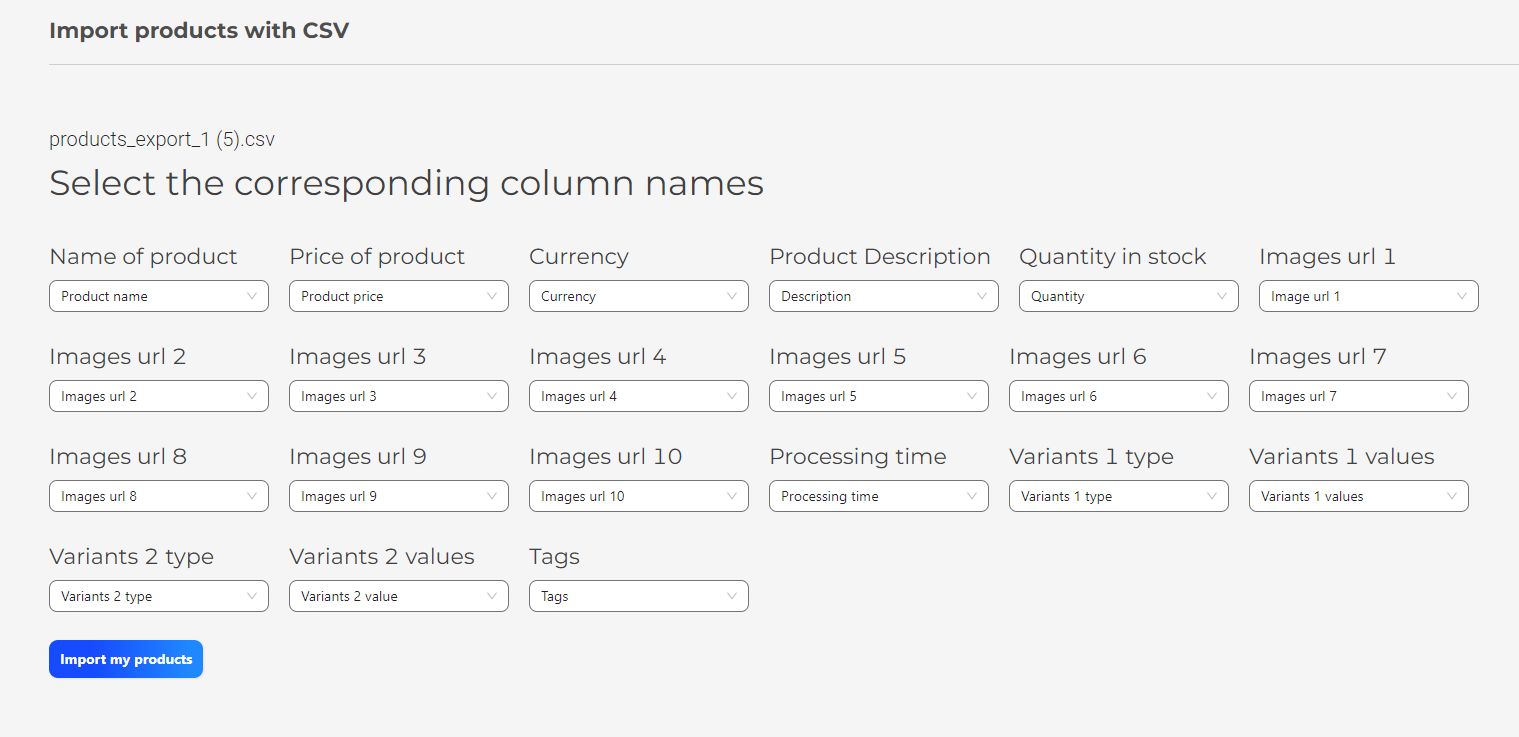 import csv products dropdown 01supply