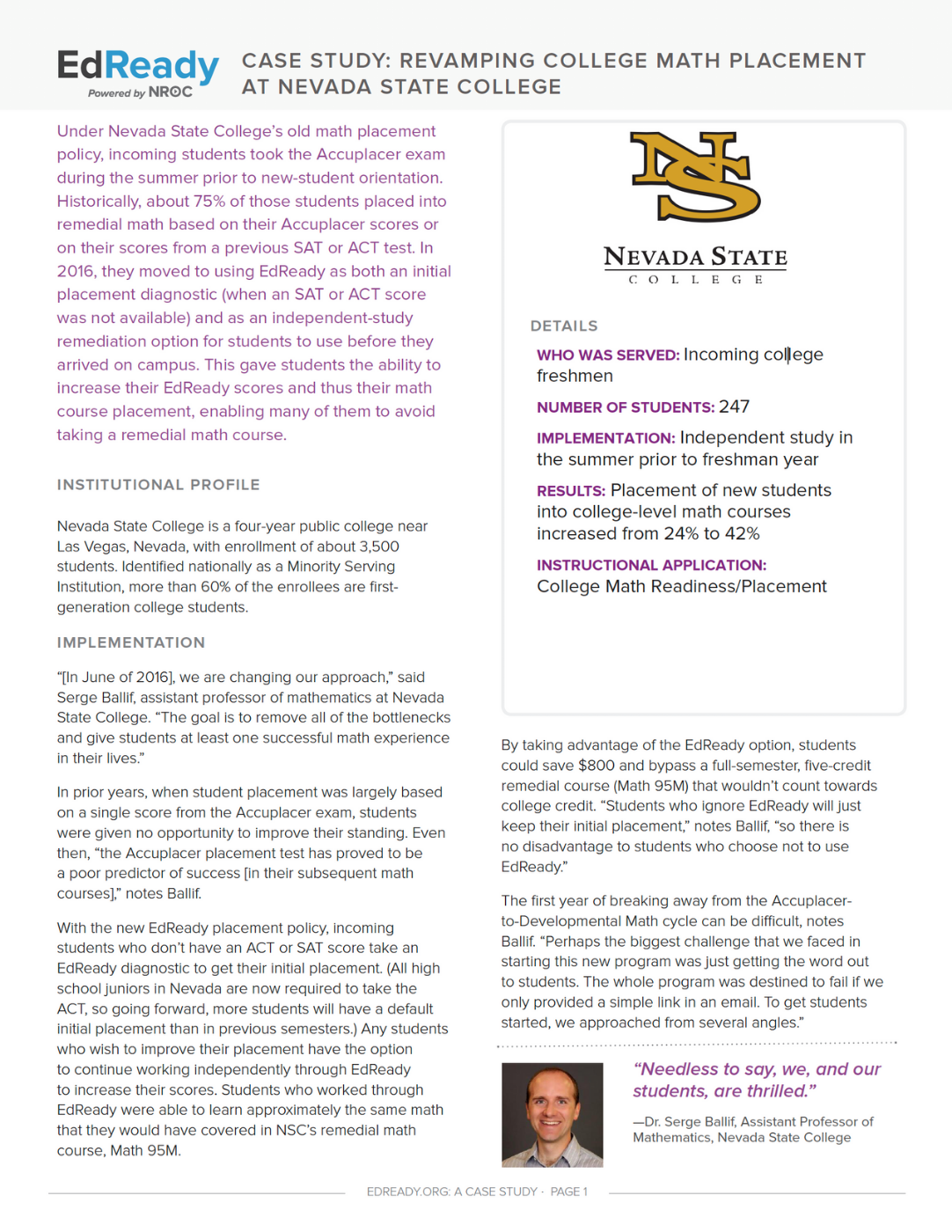 Revamping College Math Placement with EdReady at Nevada State College