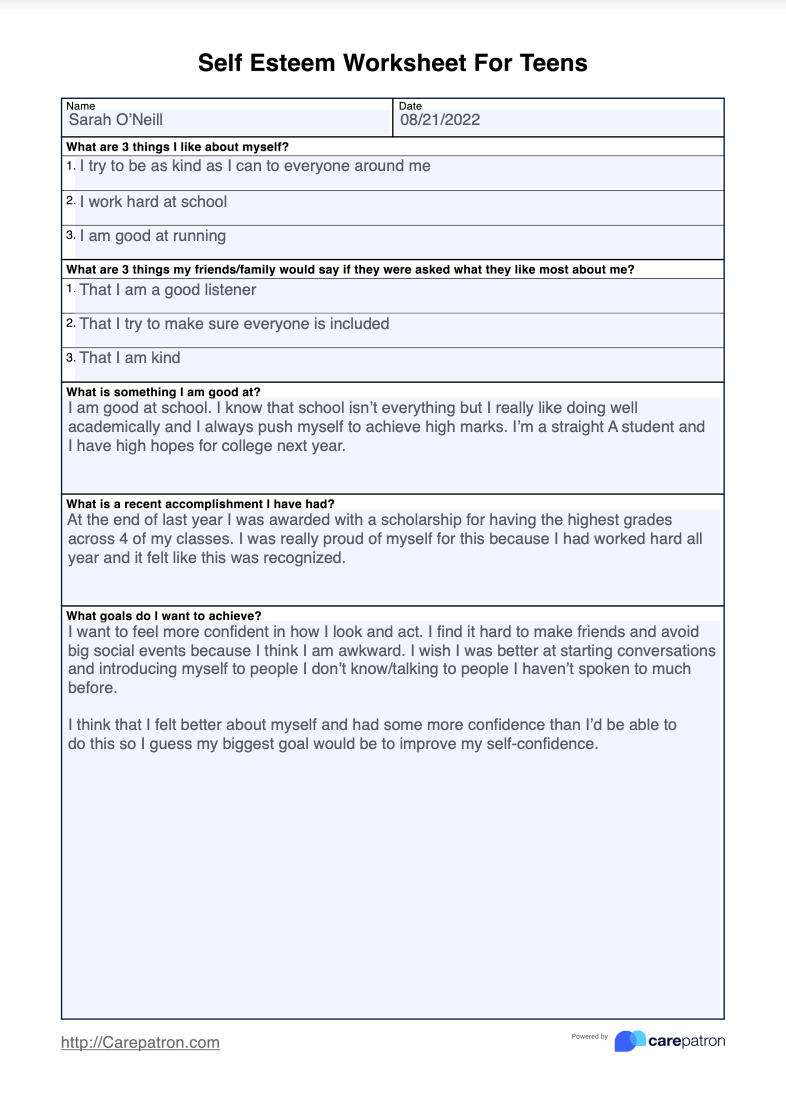 Self Esteem Worksheets For Teens & Example | Free PDF Download