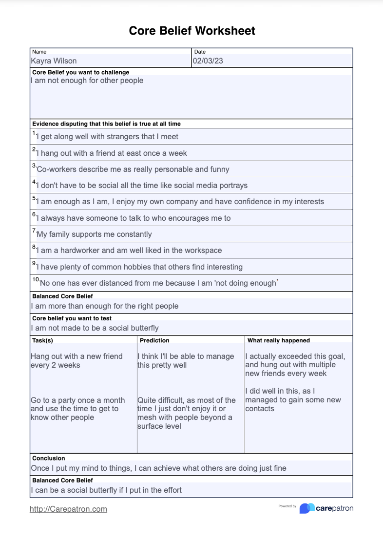 Core Beliefs Worksheet & Example | Free PDF Download