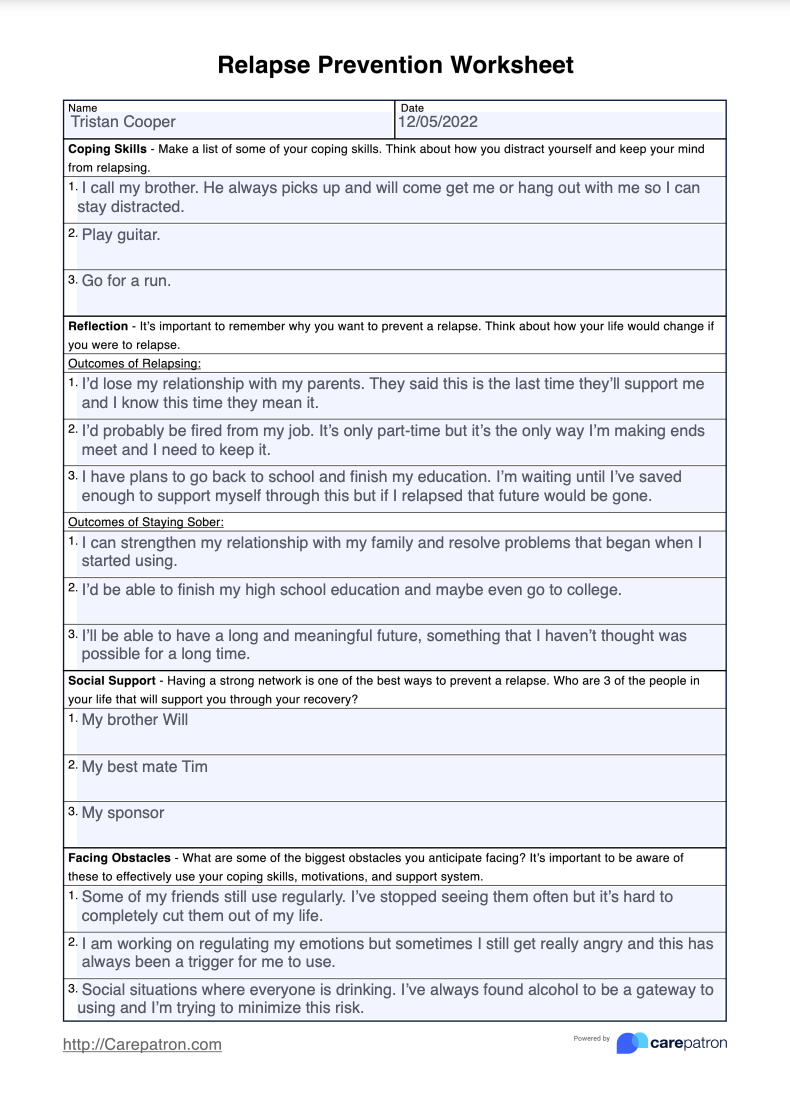 Relapse Prevention Worksheet & Example | Free PDF Download