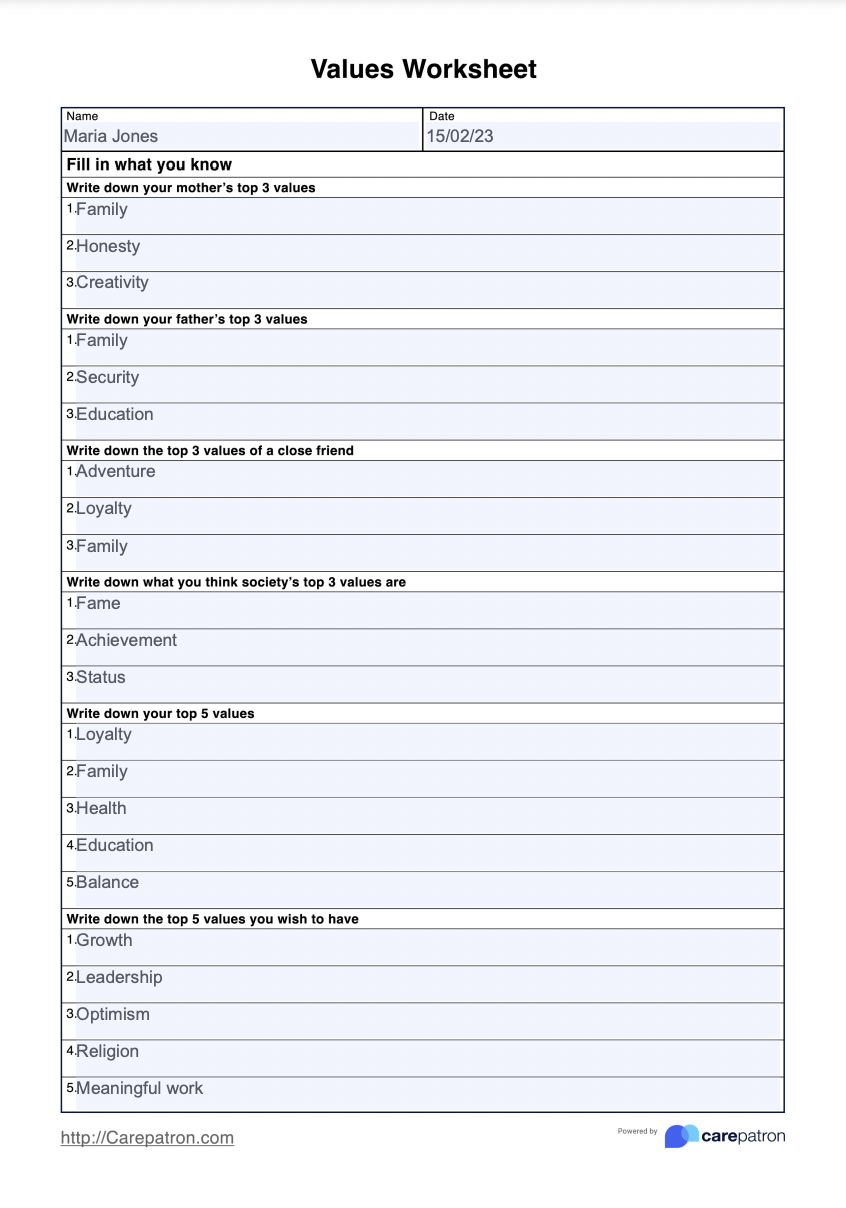 Values Worksheet & Example | Free PDF Download Values Worksheet & Example | Free PDF Download