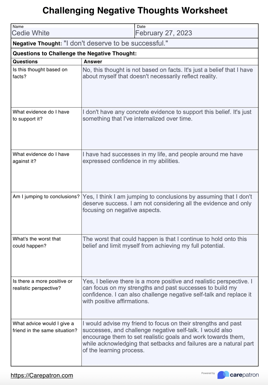 Challenging Negative Thoughts Worksheets & Example | Free PDF Download
