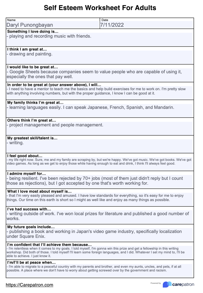 Self-Esteem Worksheet for Adults & Example | Free PDF Download Self-Esteem Worksheet for Adults & Example | Free PDF Download