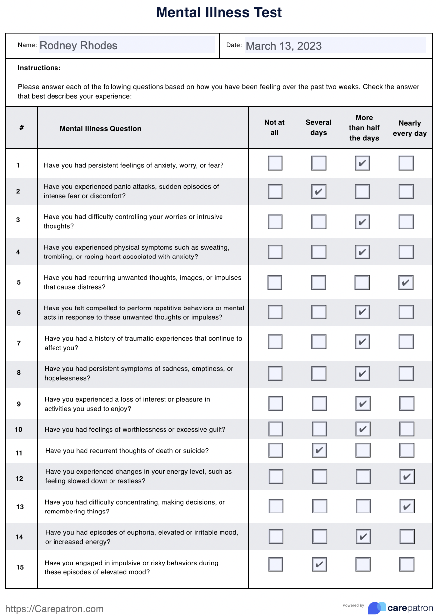 Mental Illness Test & Example | Free PDF Download
