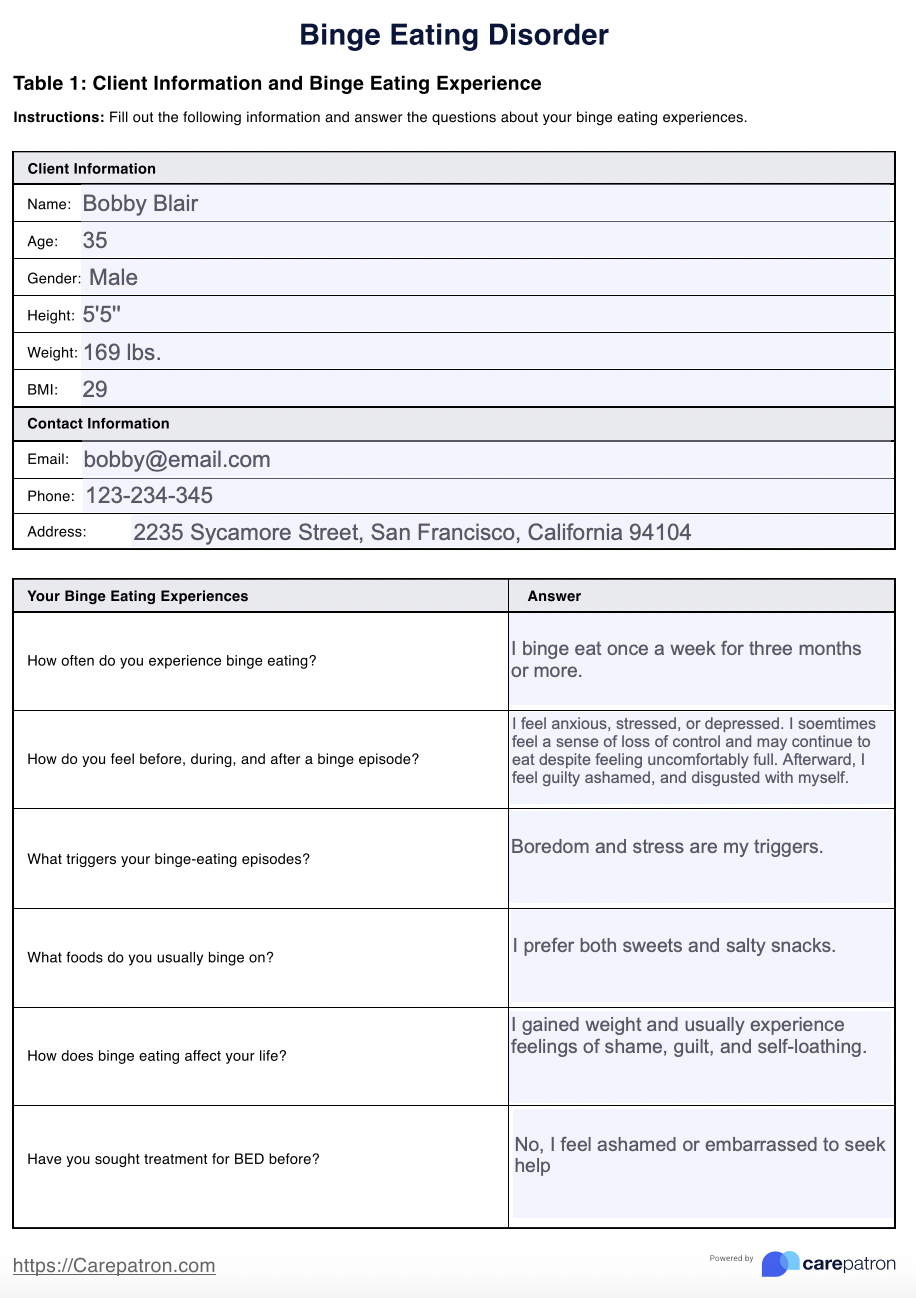 Binge Eating Disorder Treatment Plan & Example | Free PDF Download