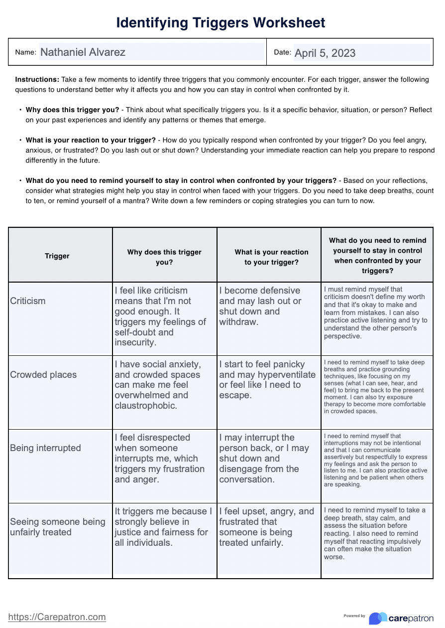 Identifying Triggers Worksheet & Example | Free PDF Download Identifying Triggers Worksheet & Example | Free PDF Download