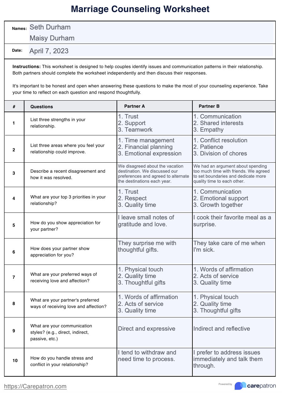 Marriage Counseling Worksheet & Example | Free PDF Download