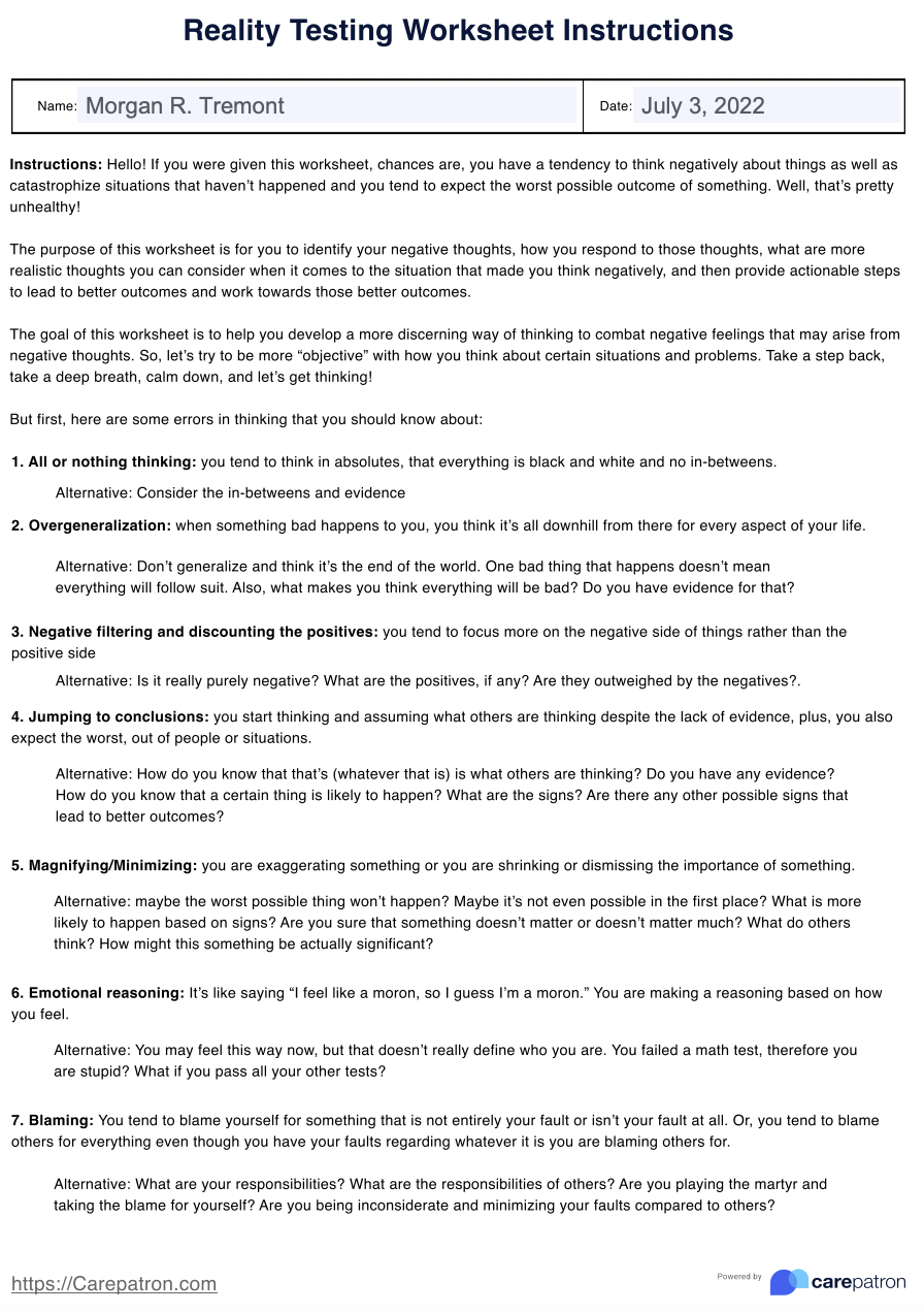 Reality Testing Worksheet & Example | Free PDF Download