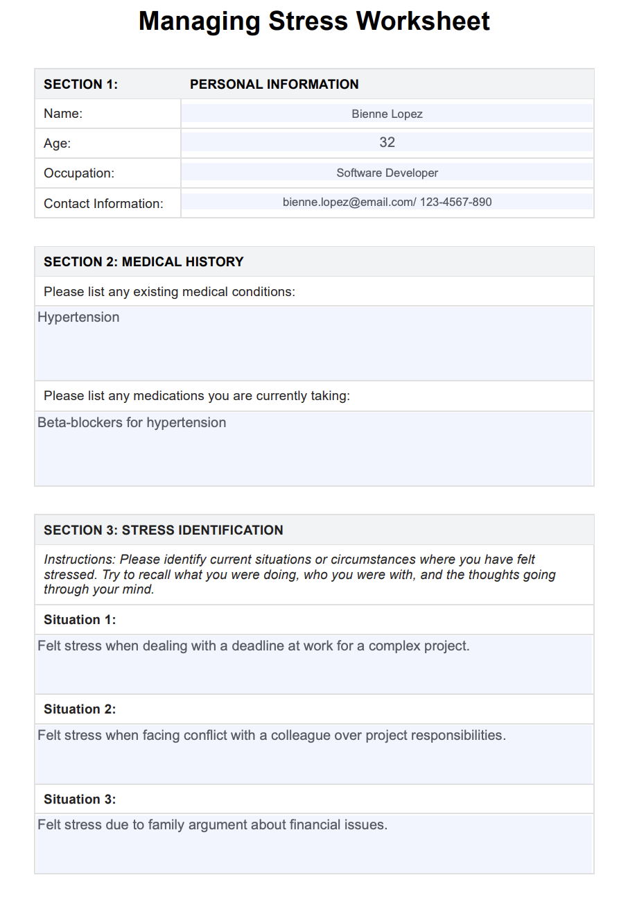 Managing Stress Worksheet & Example | Free PDF Download