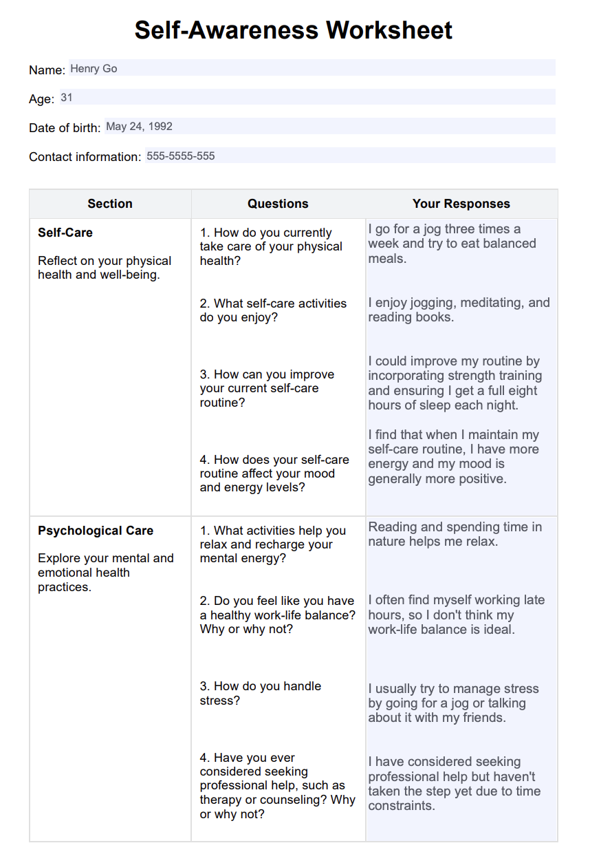 Self-Awareness Worksheet & Example | Free PDF Download