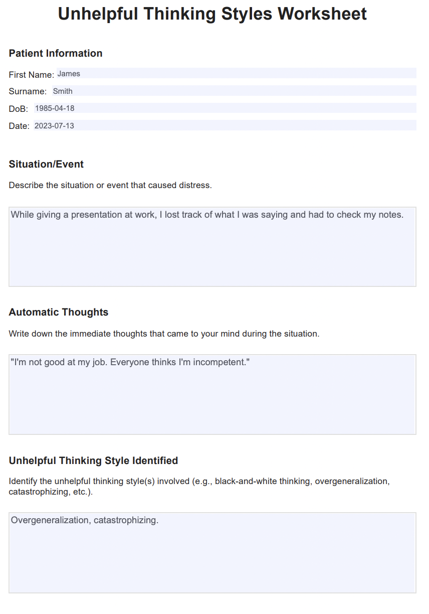 Unhelpful Thinking Styles Worksheet & Example | Free PDF Download