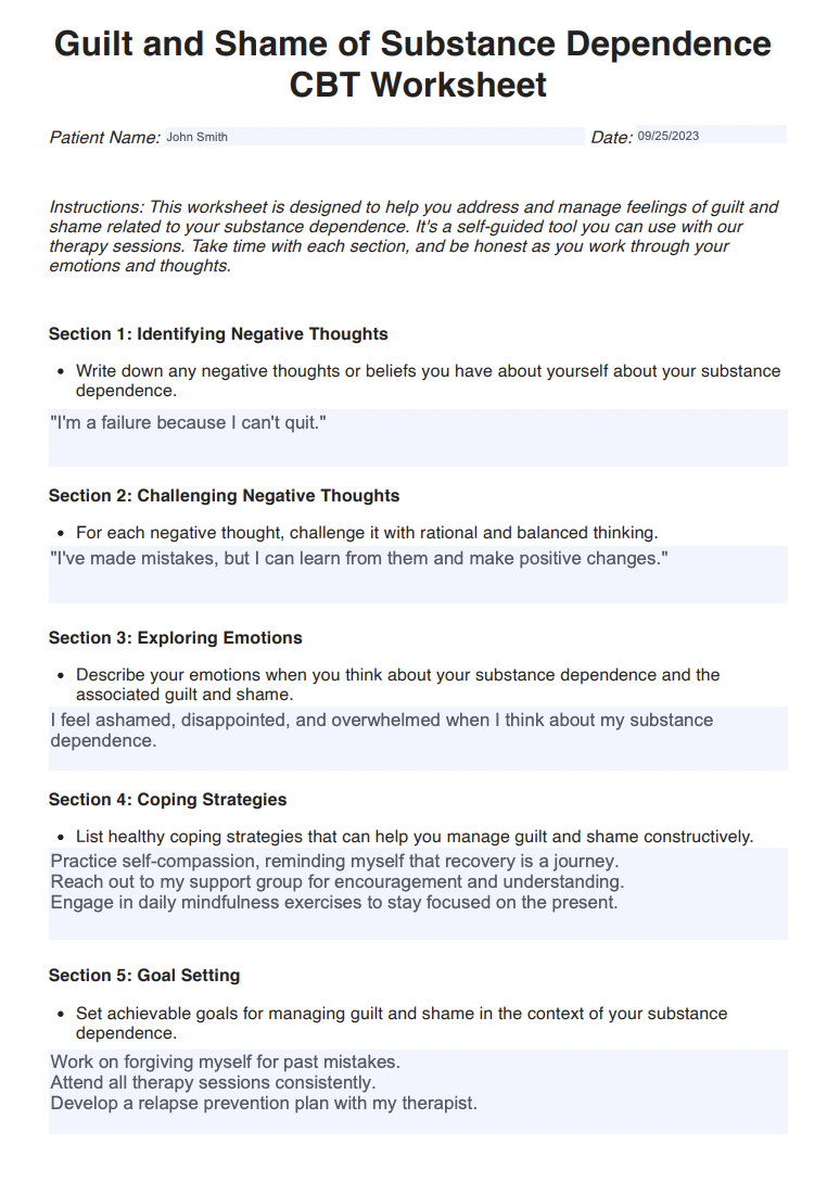 Guilt and Shame of Substance Dependence CBT Worksheet & Example | Free PDF Download Guilt and Shame of Substance Dependence CBT Worksheet & Example | Free PDF Download