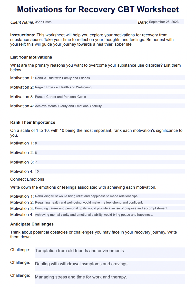 Motivations for Recovery CBT Worksheet & Example | Free PDF Download