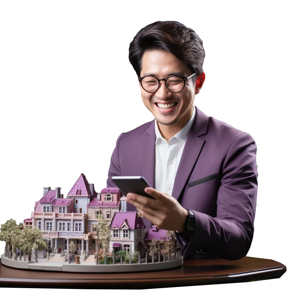 smiling real estate agents on top of a house miniature