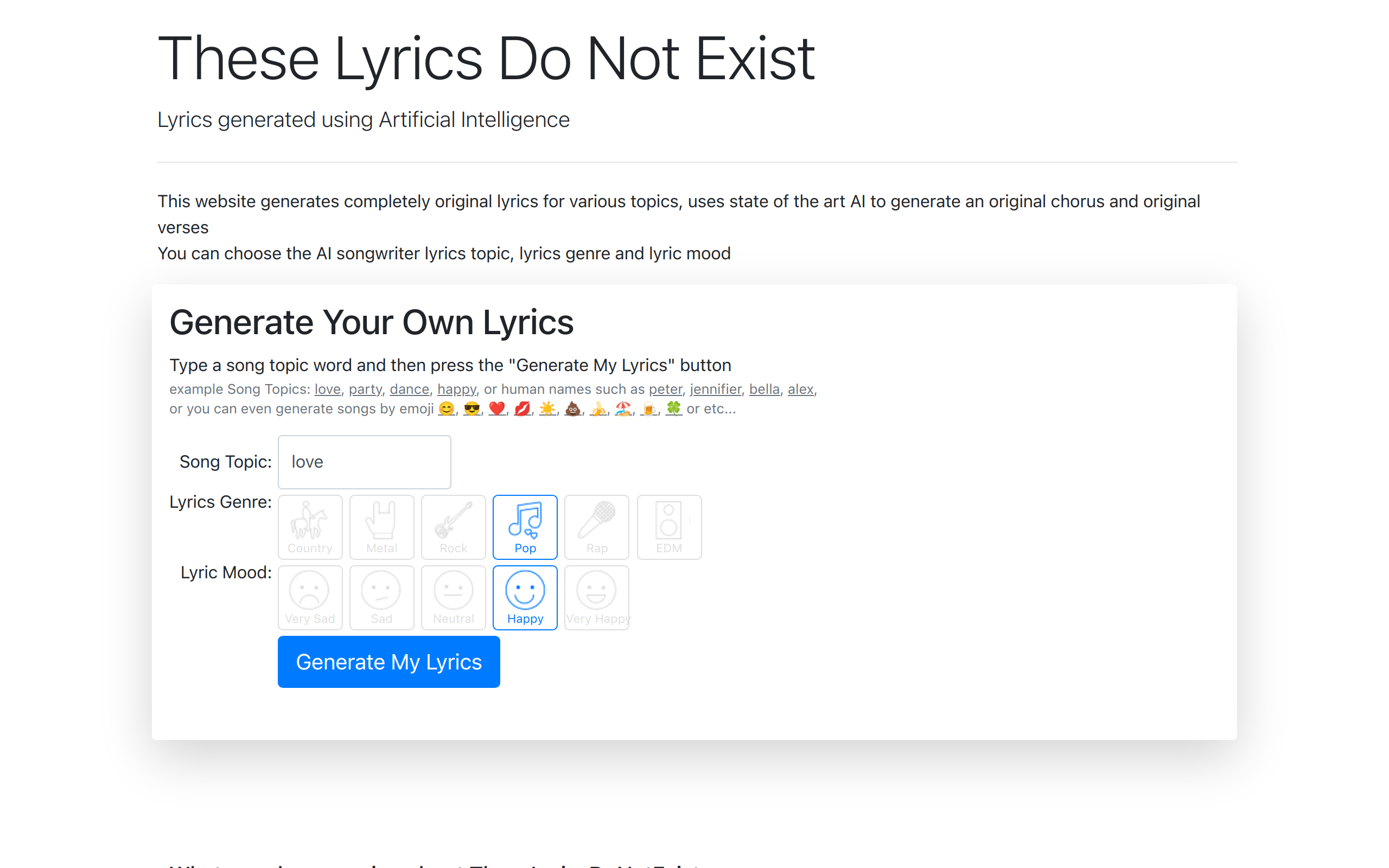 These Lyrics Do Not Exist Generate unique, AIcrafted song lyrics on any topic These Lyrics Do Not Exist Generate unique, AIcrafted song lyrics on any topic