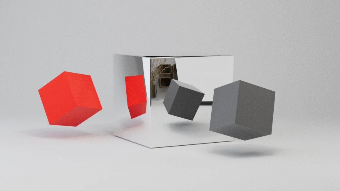 Let's take an example where we want to stop the reflection of a grey cube on a metallic cube. Currently, both red and grey cubes are reflecting on the metallic surface. Let's change that. 