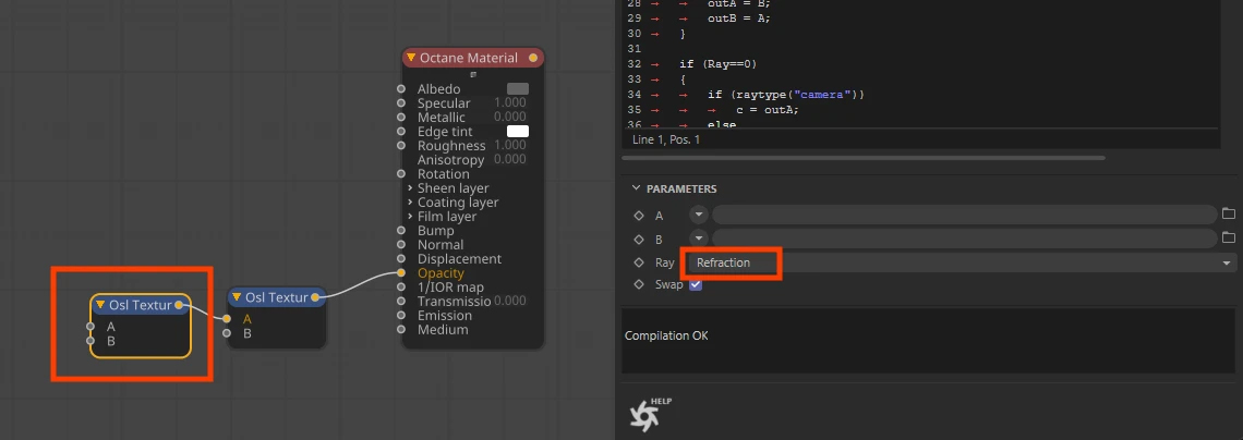 A great feature of OSL textures is their stackability. If you want to remove not just the reflection but also the refraction from the grey cube, simply copy and paste the OSL Texture. Connect it to the A input of the previous texture and change the Ray parameter to Refraction.