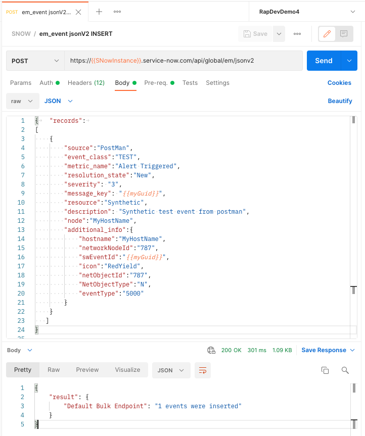 Send Test Events to ServiceNow Event Management API with Postman