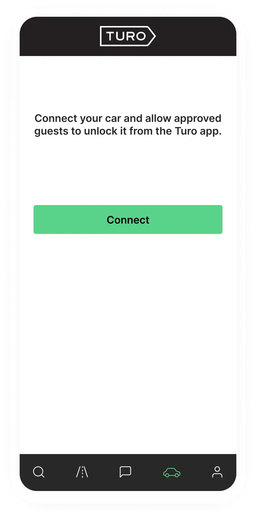 Turo mobile app prompting the user to connect their car, allowing approved guests to unlock the vehicle from the Turo app