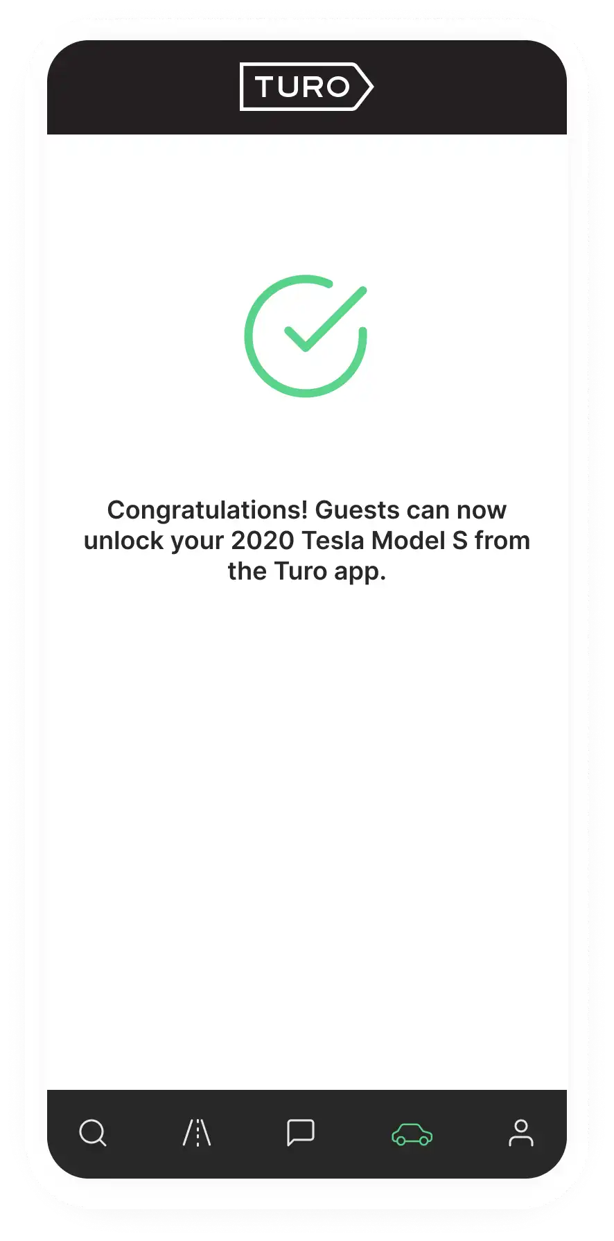 Turo app telling the user that guests can now unlock their 2020 Tesla Model S from the Turo app
