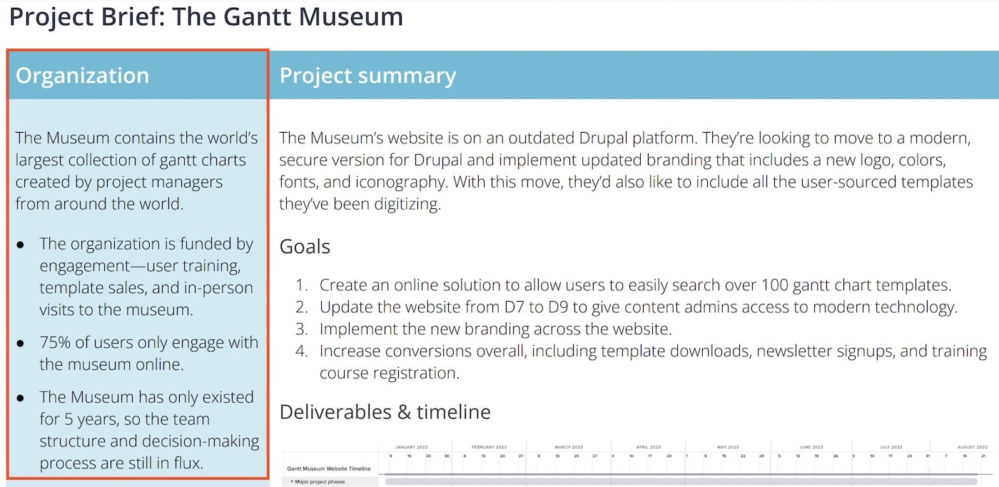 Organization Example: The Gantt Museum contains the world’s largest collection of gantt charts created by project managers from around the world. The organization is funded by engagement—user training, template sales, and in-person visits to the museum. 75% of users only engage with the museum online. The Museum has only existed for 5 years, so the team structure and decision-making process are still in flux.