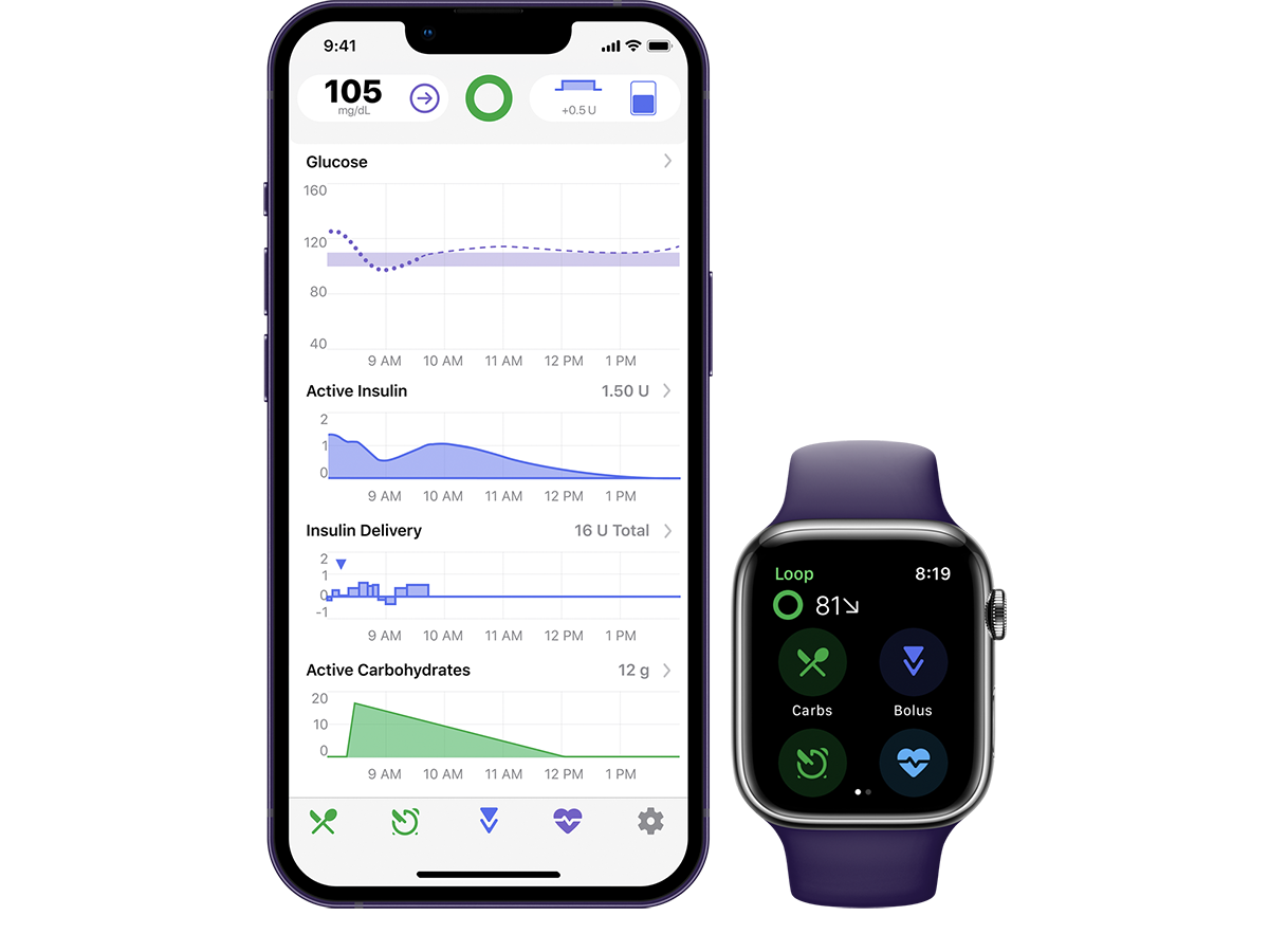 To the left, a phone displays the Tidepool Loop. To the right, an Apple Watch also displays Tidepool Loop.