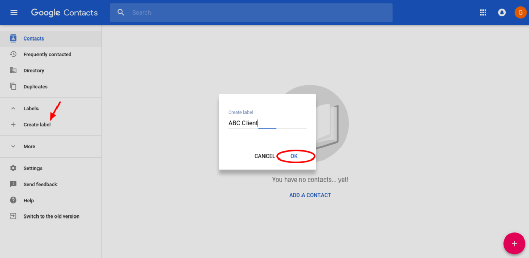 Creating new label in Google Contacts