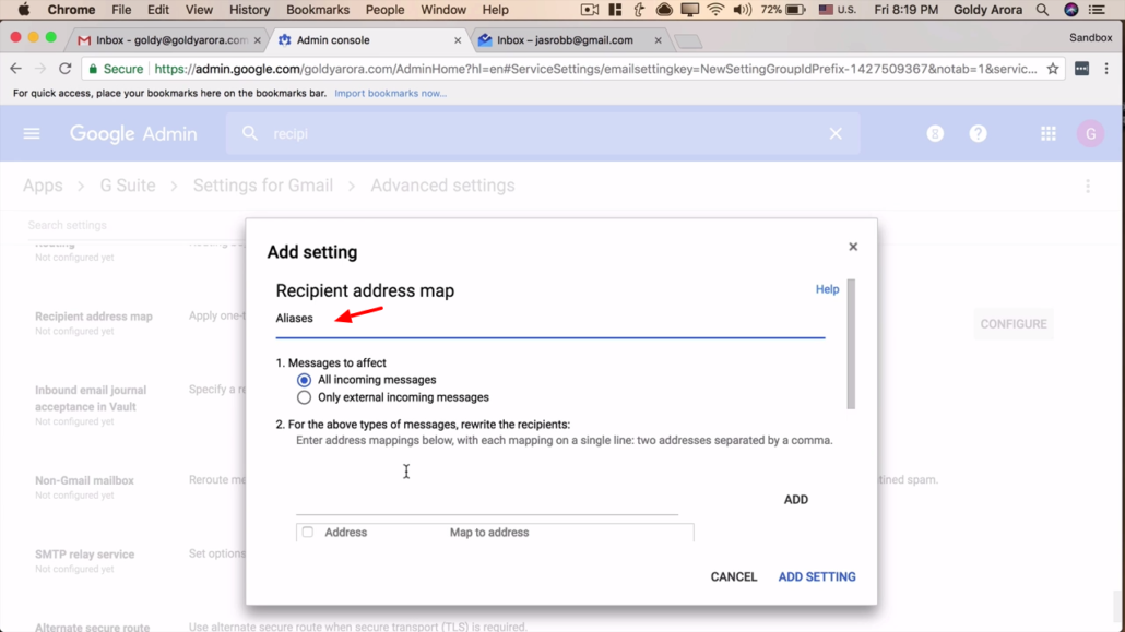 give address mapping setup a label