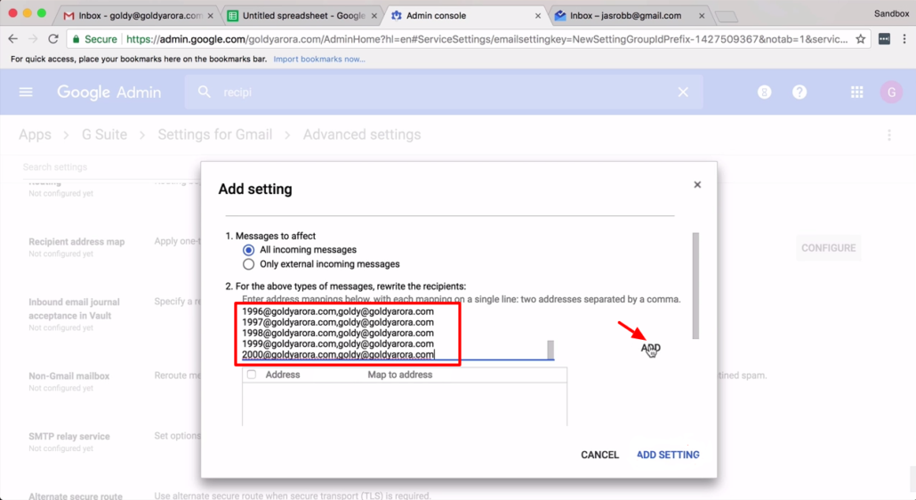 paste mappings to gsuite console