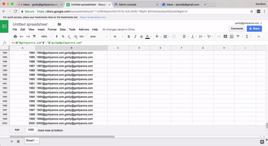 create upto 2000 email aliases in a spreadsheet